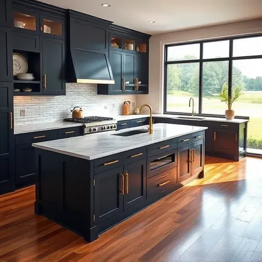 Remodeled kitchen in New Castle KY features navy blue cabinetry, marble countertops, hardwood floors, and natural light.