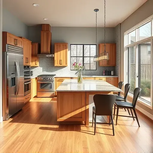 Modern kitchen remodel in Willisburg KY featuring sleek appliances, granite island, custom cabinetry, and natural light.