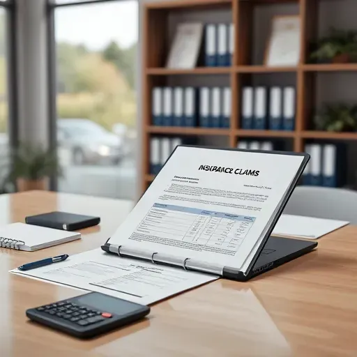 Organized insurance claims office desk with binder, laptop, smartphone, calculator, and window view of Lawrenceburg KY