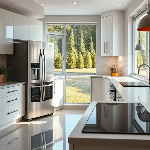 Modern stainless steel kitchen appliances including a refrigerator, built-in oven, and induction cooktop in a bright, stylish Lawrenceburg Kentucky kitchen