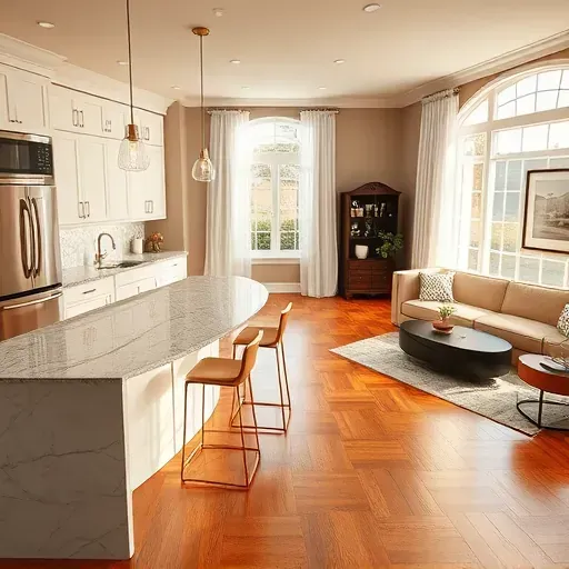 Modern Springfield kitchen with granite island, stainless appliances, and open living area featuring cozy decor.