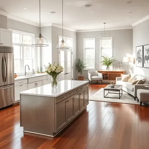 Remodeled kitchen in Finchville KY with stainless steel appliances, quartz island, and cozy living area decor.