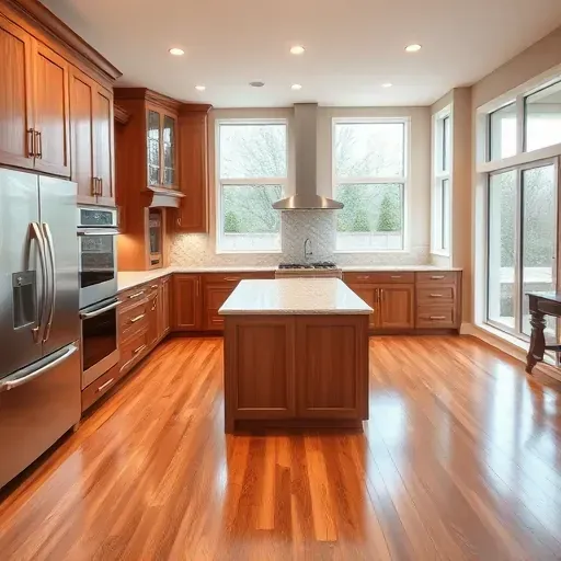 Remodeled Lexington-Fayette KY kitchen with hardwood floors granite counters oak cabinets stainless steel appliances and large marble island