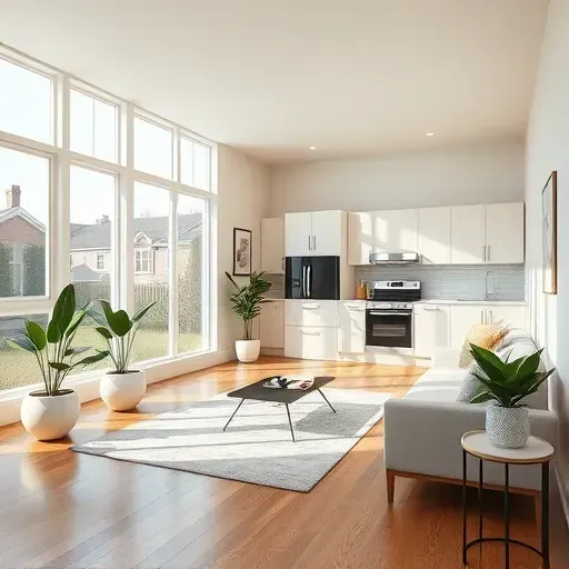 Spacious living room in Wilmore KY with natural light, modern decor, hardwood floors, and a stylish kitchen area.