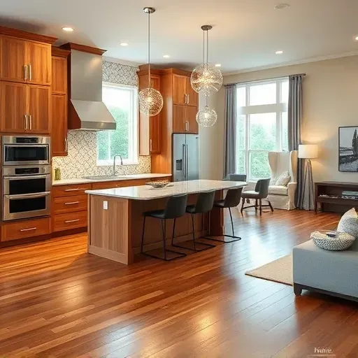 Modern kitchen remodel in Midway, KY featuring rich wood cabinetry, quartz countertops, and stainless steel appliances.