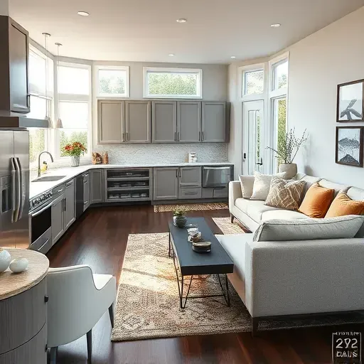 Modern kitchen and living area in Chaplin KY highlights high-end appliances, quartz countertops, and stylish decor.