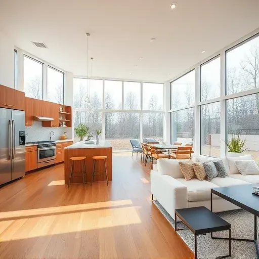 Modern open-concept living and kitchen space with large windows, hardwood floors, sleek furniture, greenery, and refined design