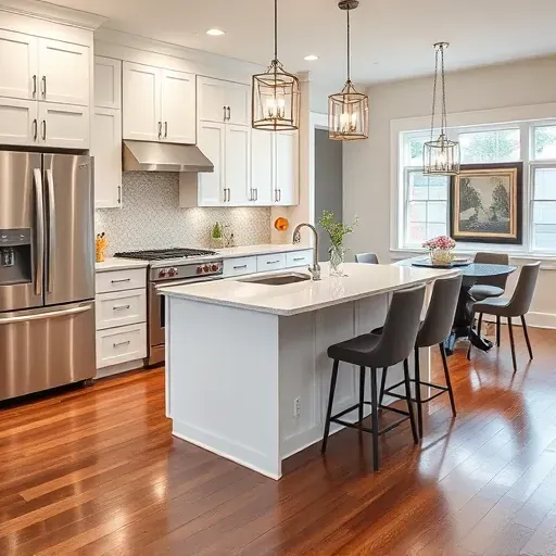 Contemporary kitchen remodel in New Castle KY featuring quartz countertops stainless steel appliances and polished hardwood floors