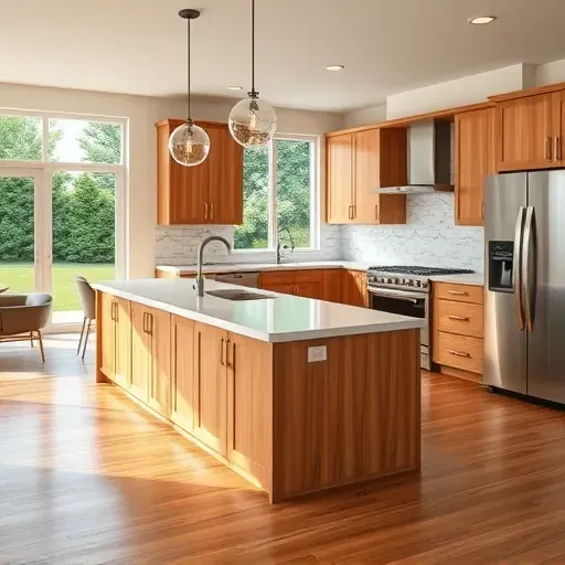 Finished modern kitchen in Bardstown KY with wood cabinets quartz island stainless appliances hardwood floors and large windows