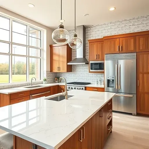 Recently remodeled bright open-concept kitchen in Willisburg KY with sleek wood finish cabinets stainless steel appliances quartz countertops pendant lights tiled backsplash natural textures