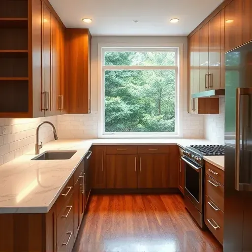 Modern remodeled kitchen in Sadieville KY with quartz countertops stainless steel appliances warm wood cabinets and large windows