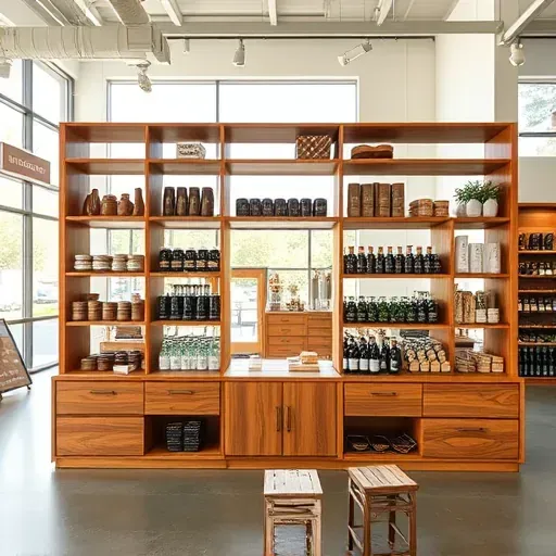 Wooden oak retail shelving unit with organized local crafts and artisanal products in a modern, well-lit Kentucky store