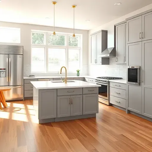 Modern kitchen remodel in Shelbyville KY featuring gray cabinetry, quartz countertops, stainless steel appliances, and large windows.