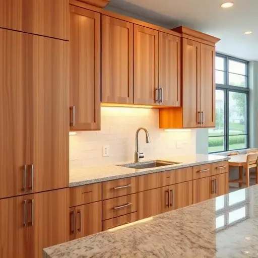 Refaced modern wood kitchen cabinets with warm tones, granite countertops, under-cabinet lighting, tiled backsplash, and natural light in Lawrenceburg KY