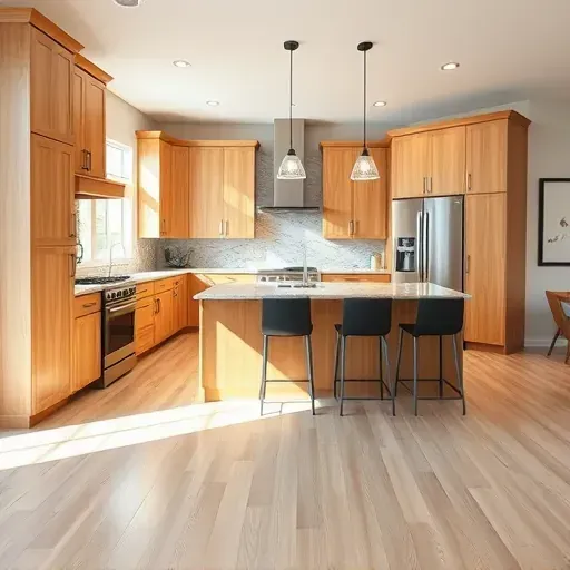 Remodeled modern kitchen in Burgin KY with natural wood cabinets stainless steel appliances granite countertops light hardwood flooring and spacious island