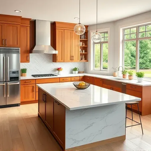 Modern remodeled kitchen in Harrodsburg KY with warm wood cabinets stainless steel accents quartz countertops large marble island stylish backsplash farmhouse decor natural light