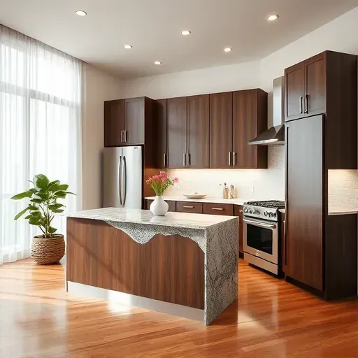 Renovated kitchen in Lebanon KY with granite countertop, modern appliances, dark cabinetry, and polished hardwood floor.
