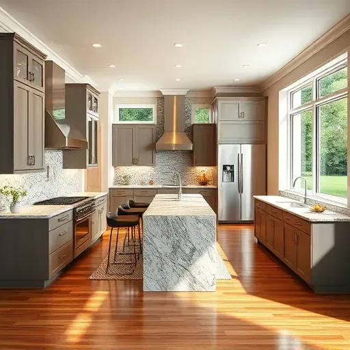 Modern kitchen renovation in Nicholasville KY with granite countertops, stainless steel appliances, and natural lighting.