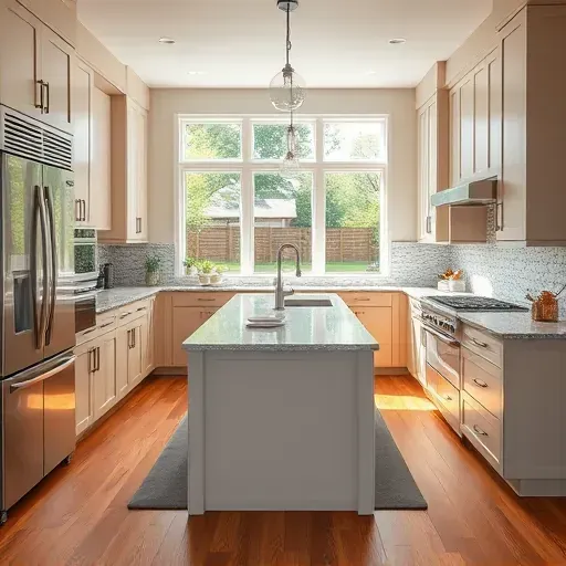 Remodeled Lockport KY kitchen featuring matte modern cabinets, stainless steel appliances, granite countertops, a stylish island, glass tile backsplash, hardwood floors, large windows with backyard view, and contemporary lighting