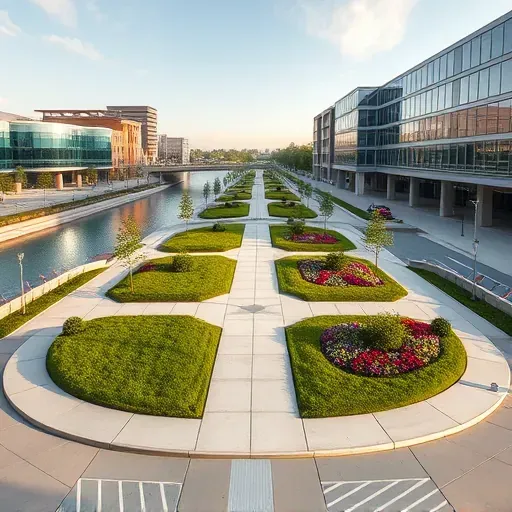 Completed Lawrenceburg KY island with lush landscaping, paved pathways, modern buildings, and reflecting water scene