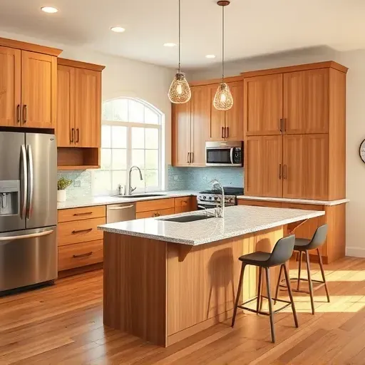 Remodeled Stamping Ground KY kitchen with modern wood cabinets granite countertops stainless steel appliances and hardwood floors