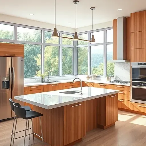 Beautiful renovated kitchen in Pleasureville KY with modern wood cabinetry stainless appliances quartz countertops island with sink pendant lighting lush outdoor view polished backsplash energy-efficient fixtures