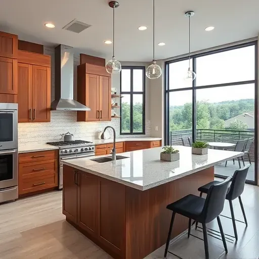Modern Georgetown KY kitchen with granite countertops, wooden cabinets, marble island, stainless appliances, large windows, greenery