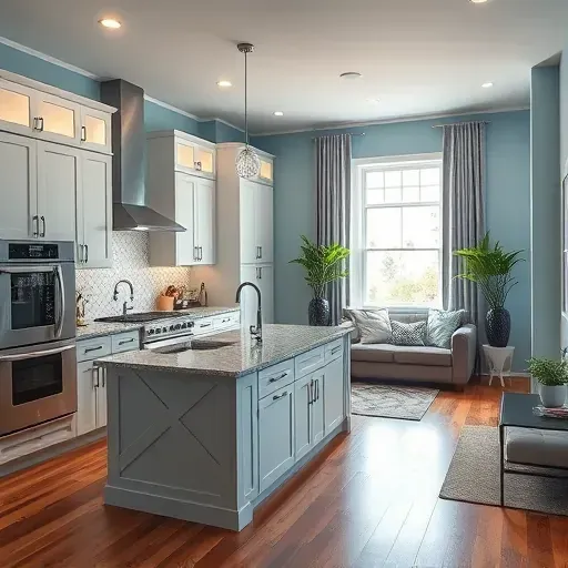 Modern kitchen remodel in Frankfort, KY with blue walls, granite island, stainless appliances, and elegant decor.