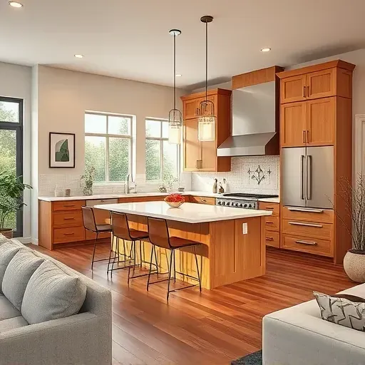 Modern kitchen remodeling in New Castle KY with custom cabinetry, central island, and stainless steel appliances.