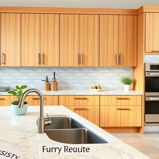 Refreshed kitchen cabinet area in Lawrenceburg KY with warm wood grain cabinets, granite countertops, stainless steel sink, tile backsplash, and modern appliances