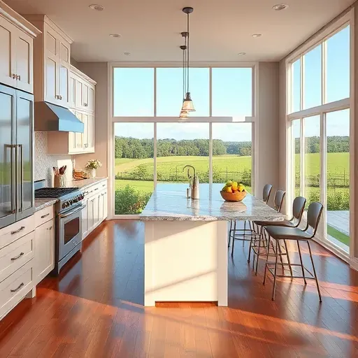 Spacious modern kitchen in Perryville KY featuring sleek appliances, elegant cabinetry, and marble countertops with countryside view.