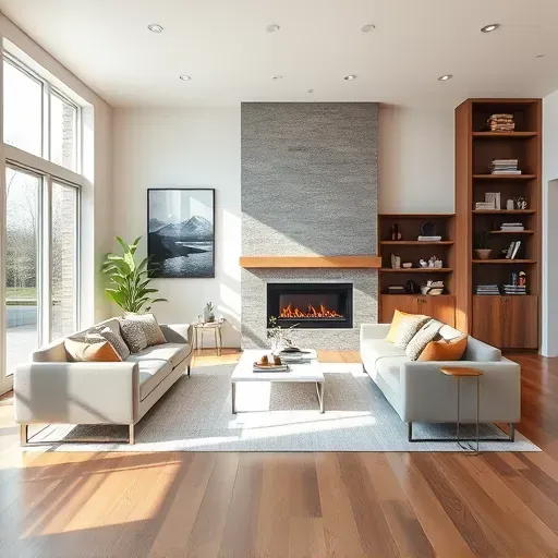 Modern living room remodel in Alton KY featuring hardwood floors, large windows, minimalist furniture, and elegant decor.