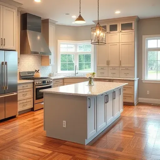 Remodeled kitchen in Lawrenceburg KY with modern cabinetry, polished granite island, stainless steel appliances, and hardwood floors.