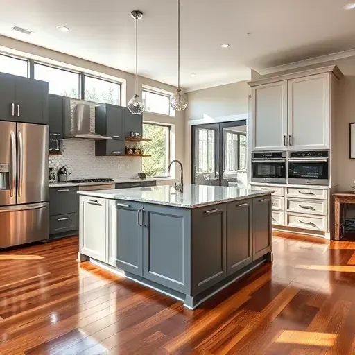 Renovated Nicholasville KY modern kitchen with matte cabinets stainless appliances granite island hardwood floors large windows