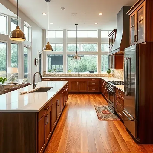 Finished modern kitchen in Finchville KY with quartz countertops stainless steel appliances warm wood cabinets hardwood floors and large windows natural light