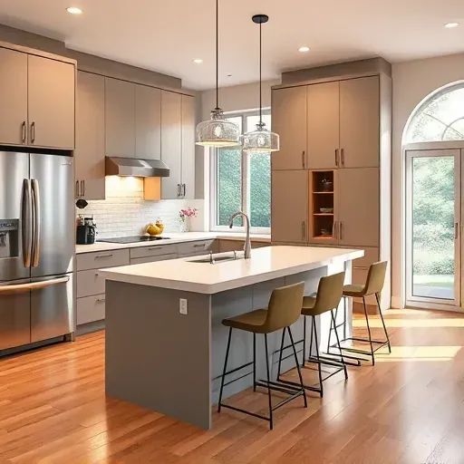 Modern kitchen remodel in Lawrenceburg KY with sleek cabinetry, quartz countertops, and spacious island, bathed in natural light.
