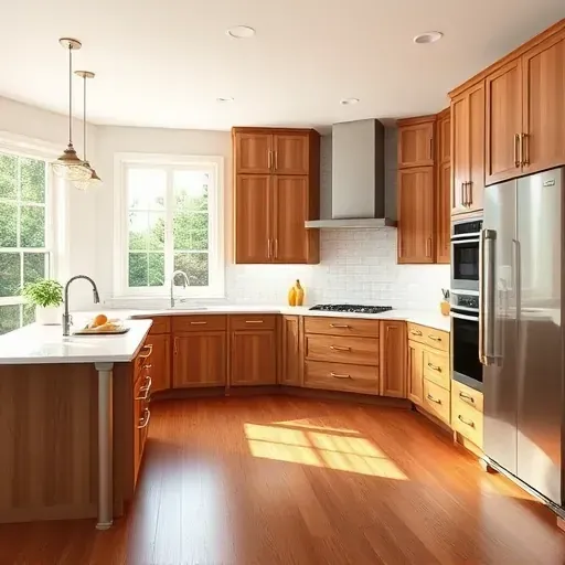 Beautiful modern remodeled kitchen in Shelbyville KY with quartz countertops, custom wood cabinetry, stainless steel appliances, hardwood floors, and natural light