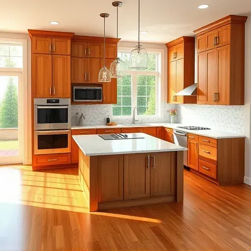 Remodeled Lockport KY kitchen with warm wood cabinets stainless steel appliances granite countertops and large window