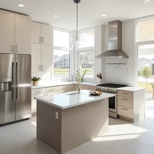 Freshly remodeled kitchen in Lawrenceburg KY with modern cabinetry, stainless steel appliances and marble island.