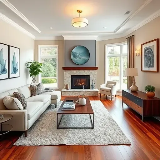 Remodeled living room in Willisburg KY with hardwood flooring, modern furniture, fireplace, and stylish decor.