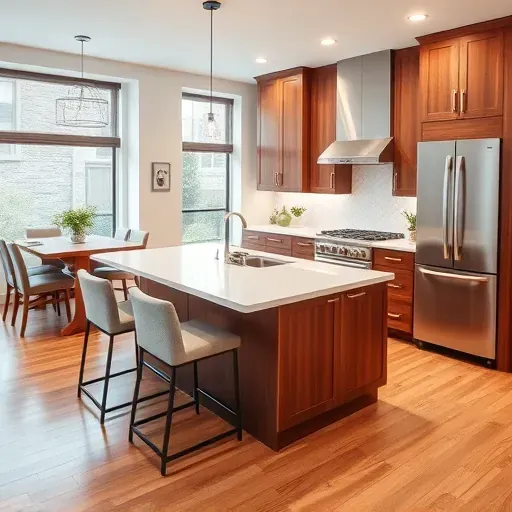 Renovated kitchen in Monterey KY features white marble countertops, walnut cabinets, and modern appliances in an open layout.