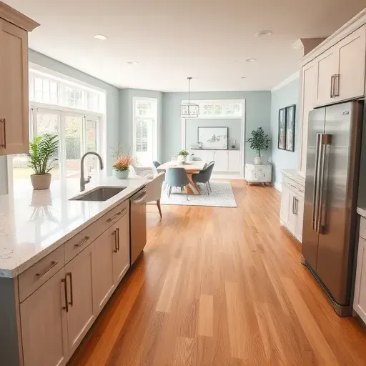 Modern remodeled kitchen in Sadieville KY features quartz countertops, hardwood floors, and integrated stainless appliances.