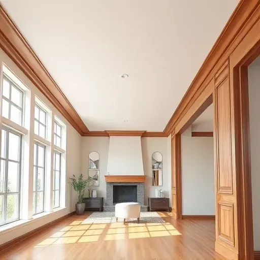 Close-up of elegant crown molding in a bright modern living room with polished hardwood floors and neutral walls in Lawrenceburg KY