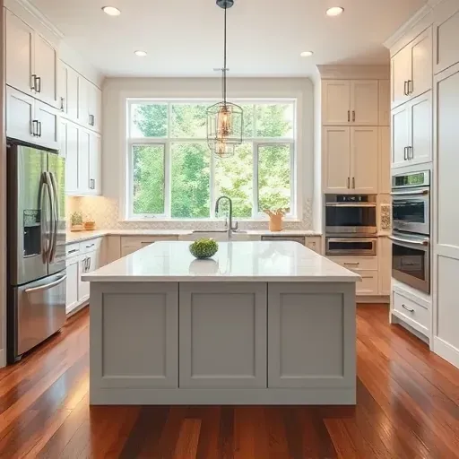 Renovated Salvisa KY kitchen with modern matte cabinetry, stainless steel appliances, marble island, pendant lighting, and hardwood floors