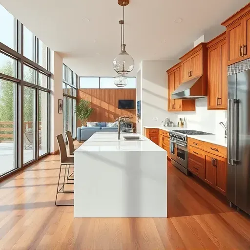 Renovated Eminence KY kitchen with quartz countertops stainless steel appliances custom wood cabinets hardwood floors and natural light