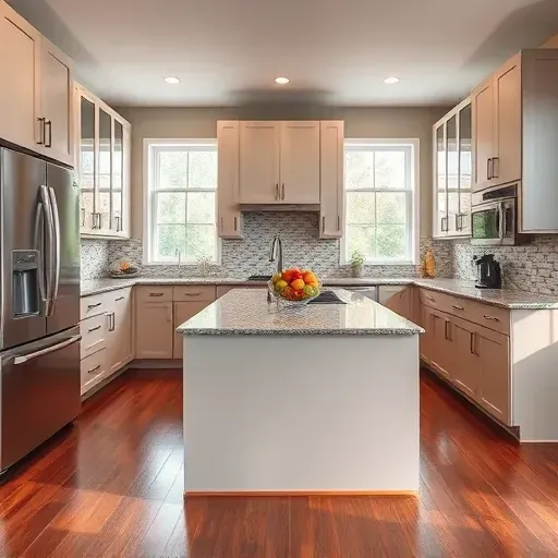 Modern kitchen remodel in Waddy KY with glossy cabinets, polished granite, state-of-the-art appliances, and hardwood floors.
