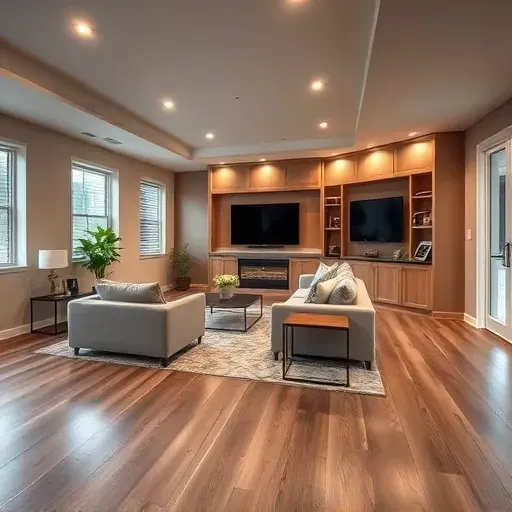 Modern renovated basement in Lawrenceburg KY with wooden floors plush seating TV entertainment art and stylish lighting