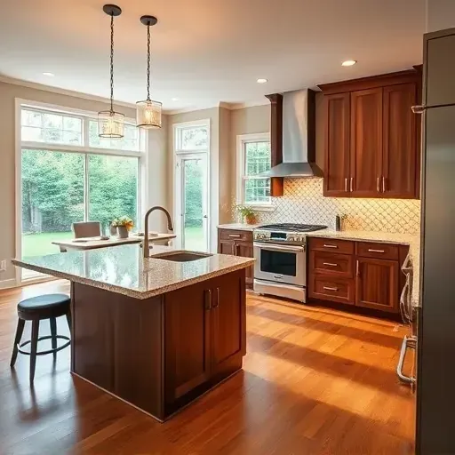 Modern kitchen remodel in Glensboro KY featuring granite island, stainless appliances, warm lighting, and elegant decor.