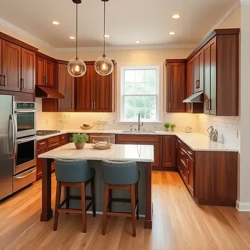 Modern kitchen remodeling in Alton KY with walnut cabinetry, quartz countertops, stainless steel appliances, and warm lighting.