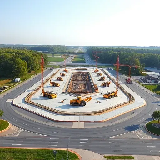 Completed industrial island construction in Lawrenceburg Kentucky with organized equipment, lush greenery, and clear sky backdrop